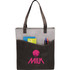 A black non-woven tote bag with a curved design, featuring a pocket and a logo. Ideal for carrying small items.