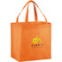 An orange non-woven tote bag with sturdy handles and a logo on the front.
