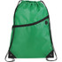 A green drawstring sportspack with a black trimmed base and a zippered front pocket, featuring a logo.