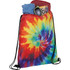 A tie-dye drawstring sportspack in vibrant rainbow colours, filled with clothing and accessories. Features a logo.
