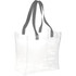 A clear tote bag with grey handles, featuring a spacious design and a simple logo.