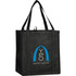 A black non-woven grocery tote bag with sturdy handles and a logo on the front.