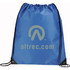 A blue drawstring sportspack featuring a logo, with black corners and adjustable drawstrings.