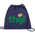 A navy blue drawstring sportpack with black cords and a logo in green and pink.