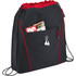 A black drawstring bag with red accents and a front pocket containing magazines and earphones.