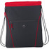 A black drawstring bag with a red top, featuring a front zip pocket and a logo.
