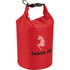 A red waterproof outdoor bag with a black strap and a logo featuring a stylised horse silhouette.