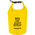 A yellow waterproof outdoor bag featuring a logo and text design. Ideal for outdoor activities.