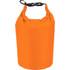 An orange waterproof outdoor bag with a secured top and a strap. It features a logo on the side.