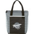 A quilted cooler bag in grey and black, featuring a logo on the front and sturdy handles.