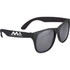 Retro sunglasses with a black frame and grey lenses, featuring a logo on the side.