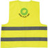 A high-visibility yellow safety vest with grey reflective stripes and a logo on the back.