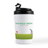 A reusable coffee cup in white with a black lid, featuring a logo and a golf-themed graphic.