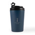 A reusable coffee cup with a sleek navy design and a black lid, featuring the logo "DYNAMIC HIRE" prominently displayed.