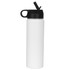 A drink bottle in white with a black lid and straw, featuring a logo on the side.