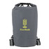 A grey waterproof cooler backpack with adjustable straps and a logo printed on the front.