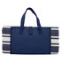 A navy picnic rug with a striped design and carrying handles. It features a branding logo.