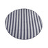 A round picnic rug featuring navy and white striped design with a solid border. It has a branding logo.