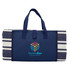 A navy blue picnic rug with a striped pattern and carrying handles, featuring a logo on the front.