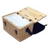 A wicker picnic basket in natural tones with a wooden lid and insulated interior, featuring a dark blue handle.