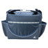 A grey cooler bag with a flap, featuring side pockets and a logo. It has a sturdy handle and adjustable strap.