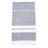 A 100% cotton Turkish towel in grey and white with tasselled edges, suitable for beach use.