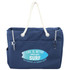 A navy blue waterproof beach bag with rope handles and a front pocket, featuring a logo on the side.