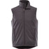 A dark grey softshell vest with a high collar and a zippered front pocket, featuring a logo on the chest.