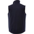 A dark navy softshell vest with a high collar and no sleeves, featuring a branding logo.
