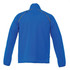 A men's packable jacket in bright blue with a logo, featuring a high collar and long sleeves.