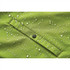 A close-up of a vibrant green softshell jacket with droplets of water on the surface, featuring a snap closure.