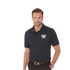 A black men's polo shirt with a logo on the left chest. Short sleeves and a collar complete the design.