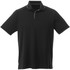 A black short sleeve polo shirt featuring a contrasting collar and a logo on the chest.