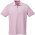 A pink short sleeve polo shirt with a collar and three-button placket, featuring a small logo.
