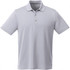 A light grey short sleeve polo shirt with a buttoned placket and a logo on the chest.