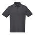 A dark grey short sleeve polo shirt featuring a collar and three-button placket, with a branding logo.