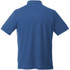 A blue short sleeve polo shirt with a collar, featuring a logo on the back.