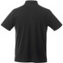A black short sleeve polo shirt featuring a collar and a logo on the back.