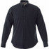 A men's long sleeve button-up shirt in dark grey with a chest pocket and a logo.