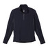 A men's quarter zip jumper in navy blue with textured side panels and a small logo.