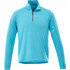 A blue knit quarter zip jumper for men featuring a high collar and a zippered front, with a logo on the chest.
