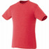 A red short sleeve t-shirt with a simple design and a logo on the chest area.