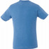A blue short sleeve men's t-shirt with a back view and a logo on the neck.