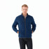 A men's knit jacket in navy blue with a zip front and a chest pocket, featuring a logo on the side.