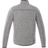 A grey knit jacket with a high collar and a smooth back design, featuring a small logo on the lower side.
