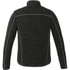 A men's knit jacket in black with grey stitching, featuring a high collar and a logo on the back.