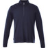 A navy blue men's quarter zip jumper with long sleeves and a zippered collar, featuring a logo on the side.