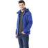 A men's jacket in vibrant blue, featuring a hood, zippered pockets, and a logo on the chest.