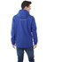 A men's blue fleece lined jacket with a hood and branding on the back. The model is viewed from behind.