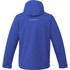 A blue fleece lined jacket for men featuring a hood and a logo on the back.